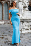Satin Mermaid Off The Shoulder Blue Formal Dress