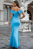 Load image into Gallery viewer, Satin Mermaid Off The Shoulder Blue Formal Dress