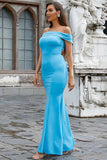 Satin Mermaid Off The Shoulder Blue Formal Dress