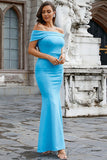 Satin Mermaid Off The Shoulder Blue Formal Dress