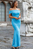 Satin Mermaid Off The Shoulder Blue Formal Dress