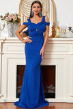 Satin Mermaid Cold Shoulder Royal Blue Formal Dress