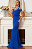 Load image into Gallery viewer, Satin Mermaid Cold Shoulder Royal Blue Formal Dress