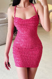 Halter Fuchsia Bodycon Lace Up Back Short Cocktail Dress