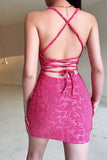 Halter Fuchsia Bodycon Lace Up Back Short Cocktail Dress