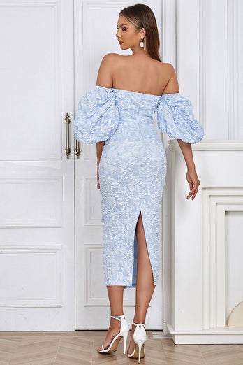 Light Blue Off the Shoulder Puff Sleeves Cocktail Dress With Slit