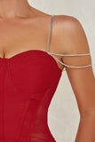 Red Spaghetti Straps Beading Semi Formal Dress