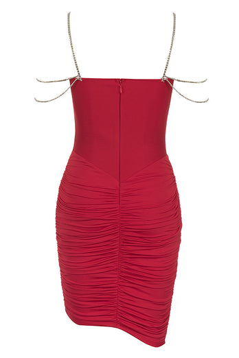 Red Spaghetti Straps Beading Semi Formal Dress