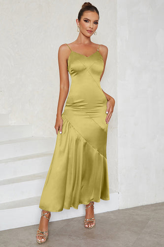 Green Satin Spaghetti Straps Sleeveless Formal Dress