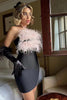 Load image into Gallery viewer, Bodycon Black Strapless Semi Formal Dress With Feathers（Gloves not included）