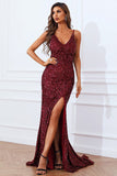 Mermaid Burgundy Sequins Formal Dress with Slit