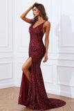 Mermaid Burgundy Sequins Formal Dress with Slit