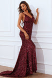 Mermaid Burgundy Sequins Formal Dress with Slit