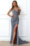 Mermaid Burgundy Sequins Formal Dress with Slit