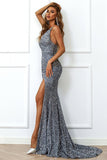 Mermaid Burgundy Sequins Formal Dress with Slit