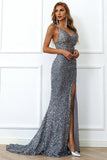 Mermaid Burgundy Sequins Formal Dress with Slit