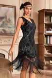 Black Golden Braided Sequin Fringed 1920s Flapper Dress