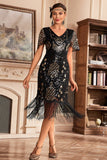 Dark Green V Neck Fringe 1920s Gatsby Dress With Sequins