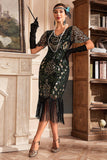 Dark Green V Neck Fringe 1920s Gatsby Dress With Sequins