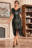 Black Champange V Neck Fringe 1920s Gatsby Dress With Sequins