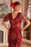 Red V Neck Fringe 1920s Gatsby Dress With Sequins