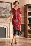 Red V Neck Fringe 1920s Gatsby Dress With Sequins