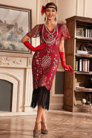 Red V Neck Fringe 1920s Gatsby Dress With Sequins