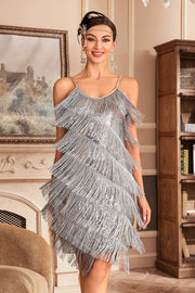 Grey Spaghetti Straps Fringed Roaring 20s Great Gatsby Dress