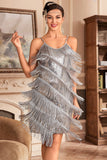 Grey Spaghetti Straps Fringed Roaring 20s Great Gatsby Dress