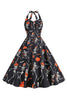 Load image into Gallery viewer, Halloween Black Halter Pumpkin Printed 1950s Dress