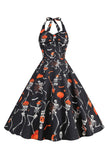 Halloween Black Halter Pumpkin Printed 1950s Dress