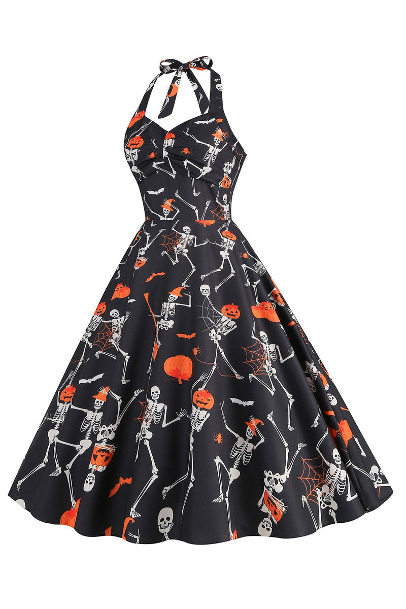 Load image into Gallery viewer, Halloween Black Halter Pumpkin Printed 1950s Dress