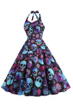 Halloween Black Halter Pumpkin Printed 1950s Dress