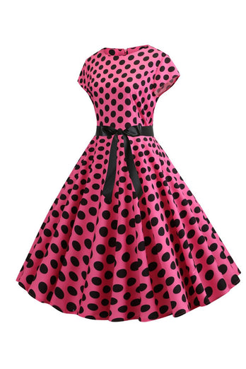 Pink Black Polka Dots Cap Sleeves 1950s Dress