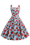 Strawbarries Printed Blue Sleeveless 1950s Dress