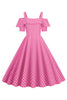 Load image into Gallery viewer, Cold Shoulder Polka Dots Pink 1950s Dress