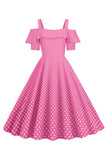 Cold Shoulder Polka Dots Pink 1950s Dress