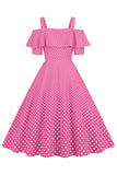 Cold Shoulder Polka Dots Pink 1950s Dress