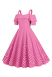 Cold Shoulder Polka Dots Pink 1950s Dress