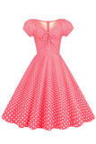 Pink Red Polka Dots Puff Sleeves 1950s Dress