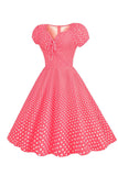 Pink Red Polka Dots Puff Sleeves 1950s Dress