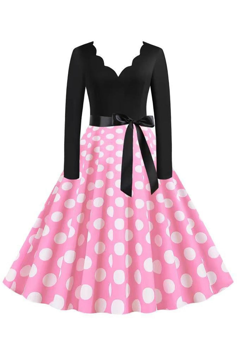 Load image into Gallery viewer, Polka Dots Pink Long Sleeves 1950s Dress