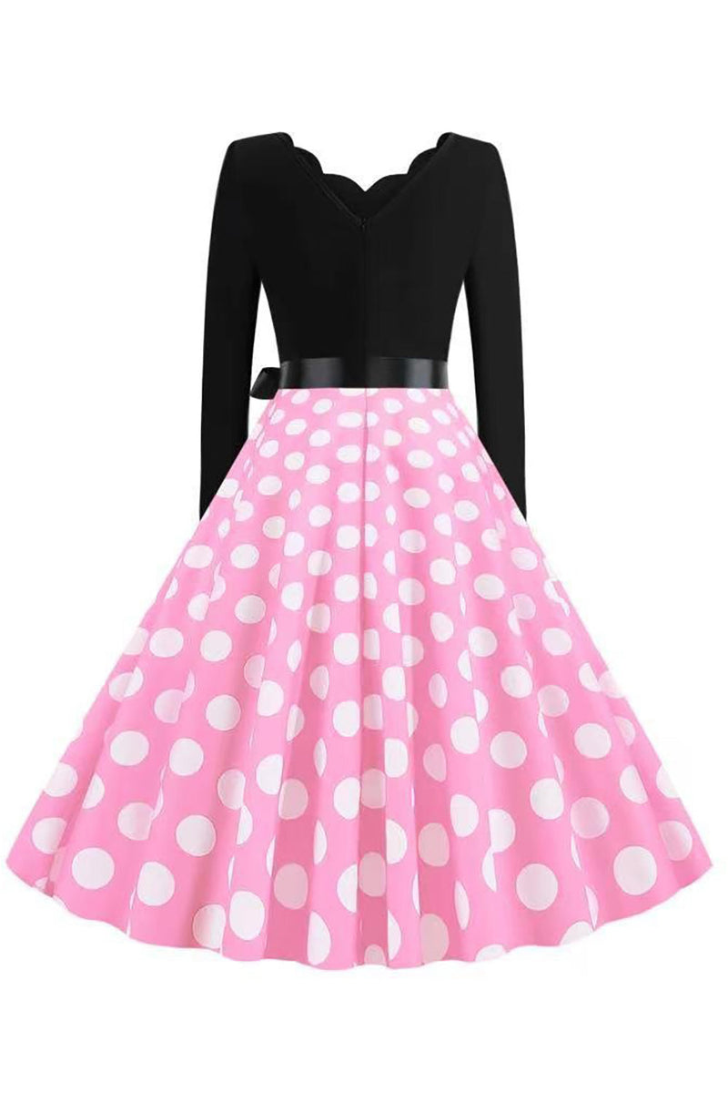 Load image into Gallery viewer, Polka Dots Pink Long Sleeves 1950s Dress