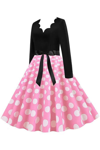 Polka Dots Pink Long Sleeves 1950s Dress