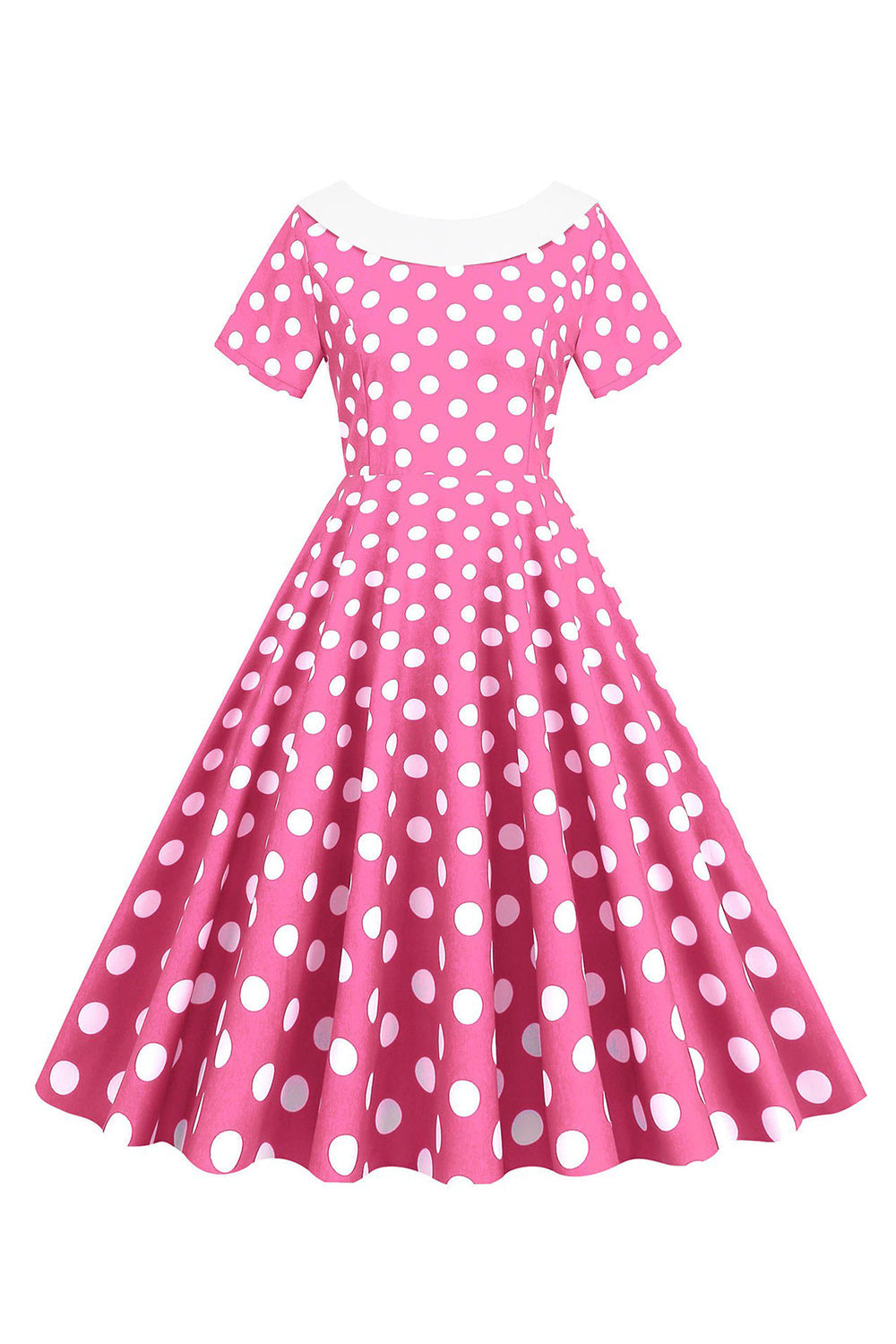 Pink Polka Dots Boat Neck 1950s Dress With Bowknot