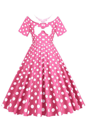 Pink Polka Dots Boat Neck 1950s Dress With Bowknot
