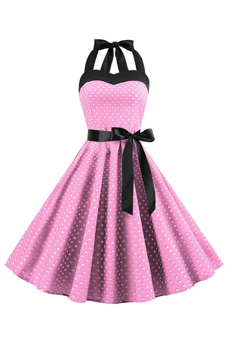 Load image into Gallery viewer, Pink Polka Dots Halter 1950s Dress With Bowknot