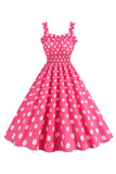 Pink Polka Dots A Line Smocked 1950s Dress