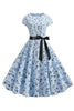 Load image into Gallery viewer, Light Blue Printed Cap Sleeves 1950s Dress
