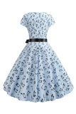 Light Blue Printed Cap Sleeves 1950s Dress